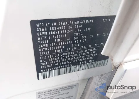 2015 Volkswagen Tiguan Sel z USA, uszkodzony, nr VIN WVGBV7AX0FW519212
